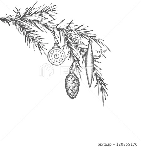 Spruce branch with glass Christmas tree decorations. Graphics illustration. Composition can use in postcard, on wrapping paper, New Year's textiles and stickers. Also for christmas decoration. Vector Spruce branch with glass Christmas tree decorations. Graphics illustration. Composition can use in postcard, on wrapping paper, New Year's textiles and stickers. Also for christmas decoration. Vector 120855170