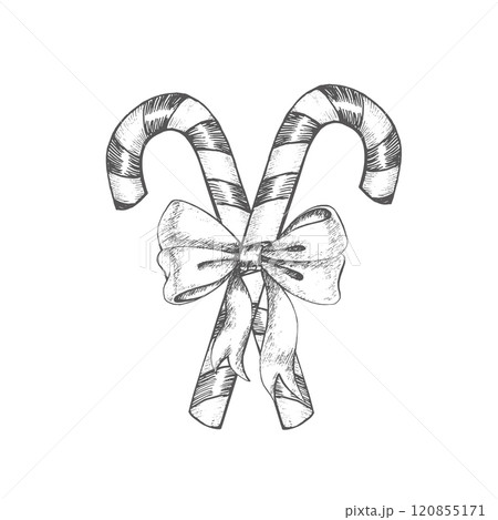 Composition with candy cane and bow. Graphics illustration. This set can use on wrapping paper, New Year's textiles, postcard and stickers, christmas compositions and in decoration gifts and prese Composition with candy cane and bow. Graphics illustration. This set can use on wrapping paper, New Year's textiles, postcard and stickers, christmas compositions and in decoration gifts and prese 120855171