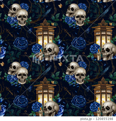 Seamless pattern with skulls, lantern, roses and branches. Watercolor illustration for Halloween, Day of the Dead Holiday on black background. Gothic style for textile, wrapping paper and background Seamless pattern with skulls, lantern, roses and branches. Watercolor illustration for Halloween, Day of the Dead Holiday on black background. Gothic style for textile, wrapping paper and background 120855198