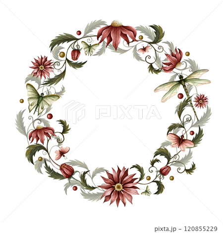 Wreath of flowers, plants, dragonfly, butterfly and berry. Watercolor illustration. Can use on postcards, websites, store sign, booklet, add, compositions, framing, magazine articles. Vintage style Wreath of flowers, plants, dragonfly, butterfly and berry. Watercolor illustration. Can use on postcards, websites, store sign, booklet, add, compositions, framing, magazine articles. Vintage style 120855229