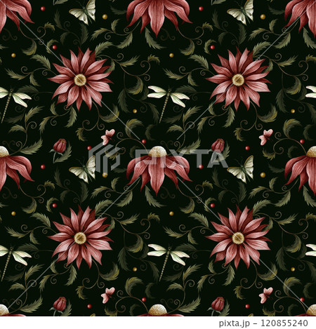 Seamless pattern of flowers, plants, dragonfly, butterfly and berry. Watercolor illustration. Can use on postcards, textile, websites, store sign, booklet, framing, magazine articles. Vintage style Seamless pattern of flowers, plants, dragonfly, butterfly and berry. Watercolor illustration. Can use on postcards, textile, websites, store sign, booklet, framing, magazine articles. Vintage style 120855240