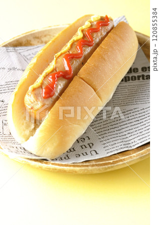 ケチャップとマスタードがかかったホットドック 120855384