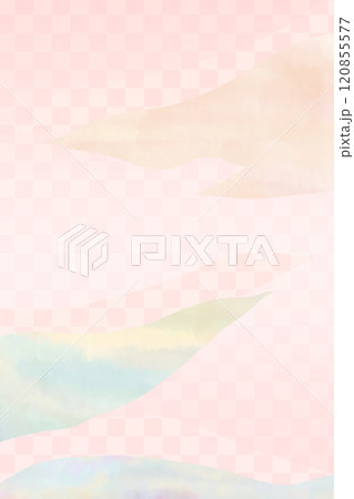 桃色市松模様に霞雲が浮かぶ和風背景縦 120855577
