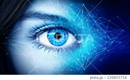 サイバーセキュリティ対策で虹彩認証をするイメージの瞳のクローズアップ3D CGイラスト 120855718