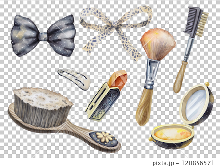 Collection of eight vintage cosmetics and hair accessories, including a brush, comb, powder case, lipstick, bow and hairclip. Can be used for fashion branding, advertising, greeting cards, or a blog. 120856571
