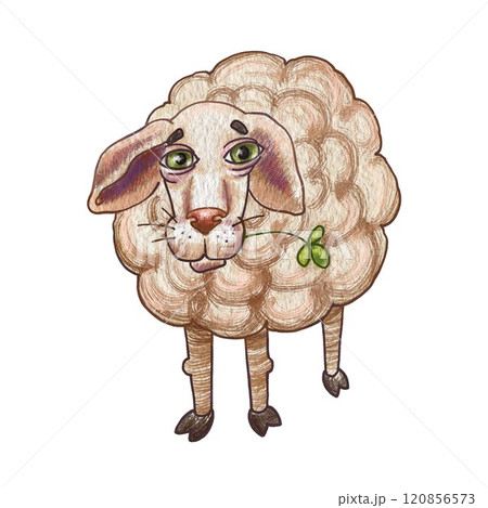 Cartoon sheep with a funny expression in a front-facing view. Can be used for designing children's books, stickers, greeting cards, websites, apps, or social media post, about fabric and embroidery. 120856573