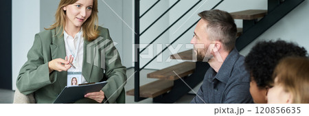 Conducting Business Meeting with Team Members Around 120856635