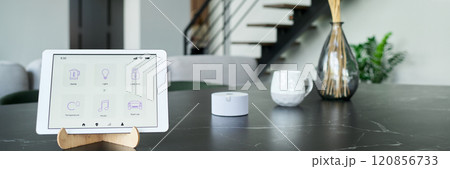 Displaying Smart Home Control Interface on Tablet Screen 120856733