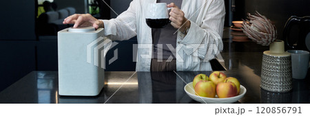 Preparing Coffee Drink with Modern Gadget at Kitchen Counter Preparing Coffee Drink with Modern Gadget at Kitchen Counter 120856791