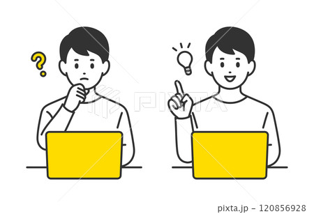 パソコンを見て疑問を持つ･ひらめきのポーズをする若い男性のセット【人物ベクターイラスト素材】 120856928