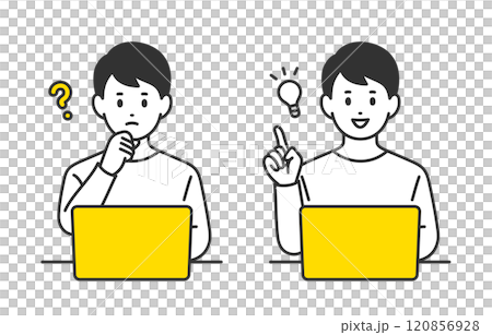 パソコンを見て疑問を持つ･ひらめきのポーズをする若い男性のセット【人物ベクターイラスト素材】 120856928