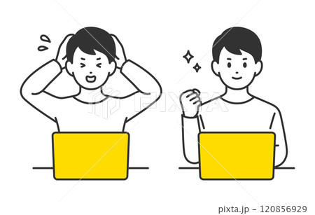 パソコンを見て焦る･ガッツポーズをする若い男性のセット【人物ベクターイラスト素材】 120856929