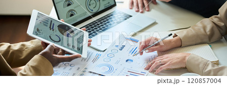 Discussing financial charts at meeting 120857004