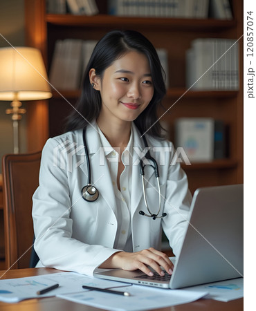 asian doctor using laptop computer while sitting at the table in the office asian doctor using laptop computer while sitting at the table in the office 120857074