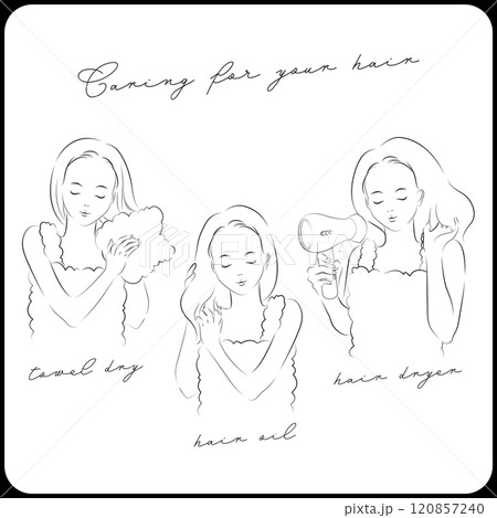 タオルで髪を乾かす女性、美容液を髪に塗る女性、ドライヤーで髪を乾かす女性 120857240