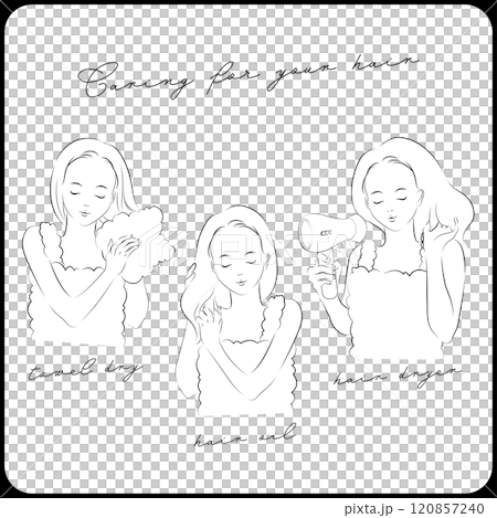 タオルで髪を乾かす女性、美容液を髪に塗る女性、ドライヤーで髪を乾かす女性 120857240