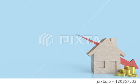 The Wood house and red arrow down for property or building concept 3d rendering. 120857332