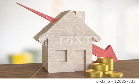 The Wood house and red arrow down for property or building concept 3d rendering. The Wood house and red arrow down for property or building concept 3d rendering. 120857333