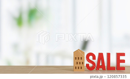 The Wood house and red sale for property or building concept 3d rendering. 120857335