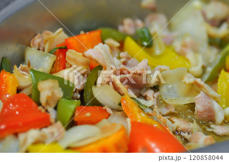 stir fried vegetable with pork or stir fried green pepper stir fried vegetable with pork or stir fried green pepper 120858044