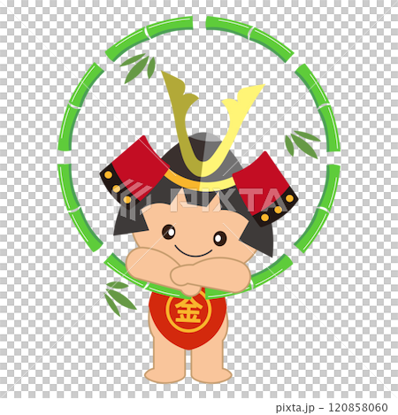 金太郎戴著頭盔從竹架探出的向量圖 120858060