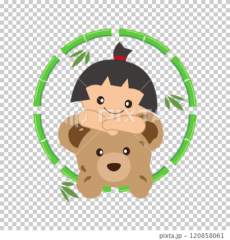 竹のフレームと金太郎とくまのぬいぐるみのイラスト 120858061