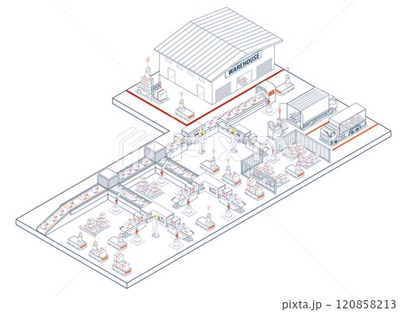 Smart Warehouse Technologies with agv robots, warehouse Automation System and Automated inventory control platforms. Vector illustration EPS 10 120858213