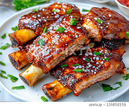 High sodium meals. Juicy BBQ pork ribs with caramelized sauce and fresh herbs on white plate. ribs are garnished with green onions and sprinkle of salt, creating mouthwatering presentation 120858339