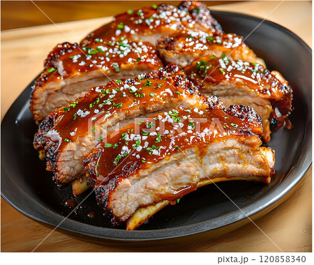 High sodium meals. Juicy BBQ pork ribs with caramelized sauce and sprinkled herbs on black plate, showcasing delicious and savory meal perfect for gatherings 120858340
