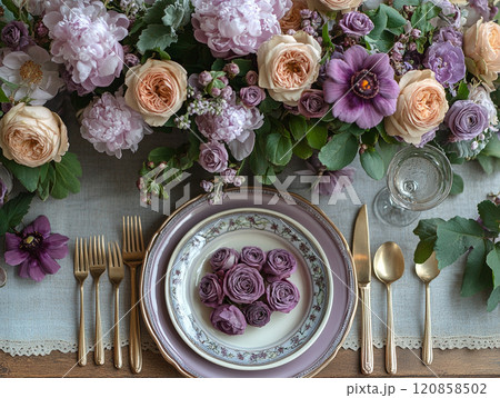 ロマンチックなフラワーテーブルセッティング 120858502