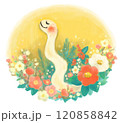 年賀状「白い蛇と正月の花」 120858842