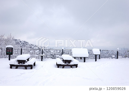 a serene winter landscape with snow-covered trees and a wooden fence. The ground is completely blanketed in snow, and the scene is tranquil and peaceful. a serene winter landscape with snow-covered trees and a wooden fence. The ground is completely blanketed in snow, and the scene is tranquil and peaceful. 120859026