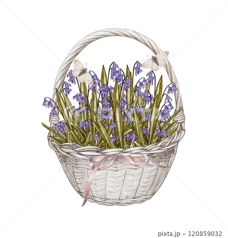 Light basket with slices, blue and purple small flowers with butterflies 120859032