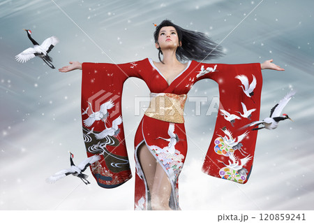 雪の中、両手を拡げた女性の赤い着物の鶴の絵柄から鶴が飛び立つ 雪の中、両手を拡げた女性の赤い着物の鶴の絵柄から鶴が飛び立つ 120859241