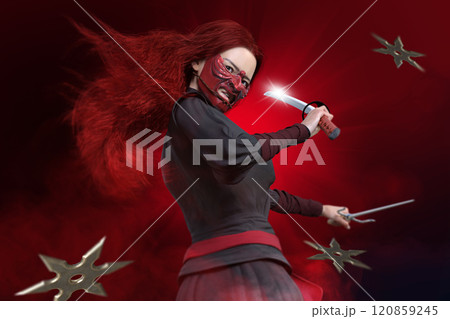 仮面をつけた赤色の髪の女忍者が敵と戦う 120859245