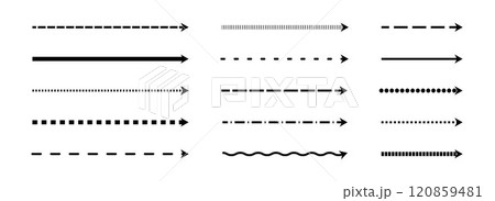 Straight thin dashed arrow set. Black long dotted arrows collection. Linear stripe element bundle for flyer, poster, brochure, booklet, banner. Doodle sketched pointers or direction lines. Vector 120859481