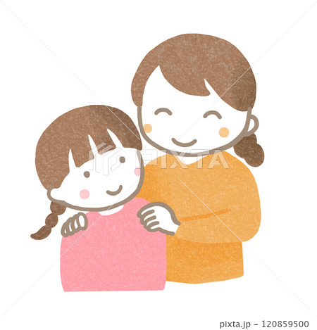 子供の肩を優しく抱く母親 120859500