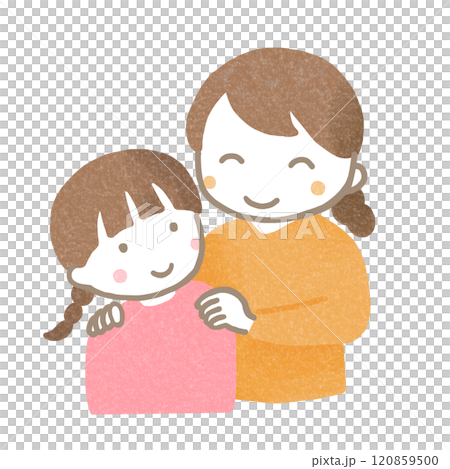 子供の肩を優しく抱く母親 120859500