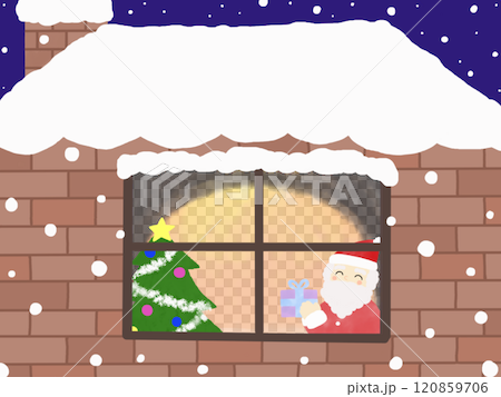 雪の積もった家とプレゼントを届けるサンタクロースのイラスト 120859706