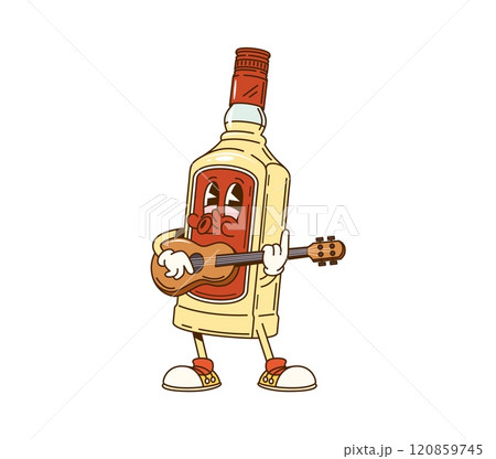 Cartoon groovy Mexican tequila bottle character with expressive eyes, playing a guitar. Isolated vector alcohol drink personage wearing sneakers, with a happy and musical vibe, conveying festive mood 120859745