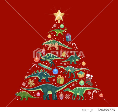 Christmas tree dinosaurs made of various dino species, ornaments, candy canes and gifts, topped with a golden star. Cartoon vector festive prehistoric themed pine tree ready for holiday celebrations Christmas tree dinosaurs made of various dino species, ornaments, candy canes and gifts, topped with a golden star. Cartoon vector festive prehistoric themed pine tree ready for holiday celebrations 120859773