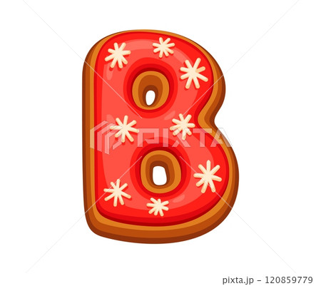 Gingerbread letter B with red icing and snowflake decorations, festive playful alphabet for Christmas and New Year holiday celebration. Isolated vector xmas font, typeface or type, English pastry abc 120859779