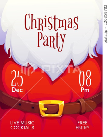 Santa beard Christmas flyer or holiday poster card for party event, vector background. Christmas party invitation poster or entry flyer with Santa beard and belt with golden buckle for celebration 120859782