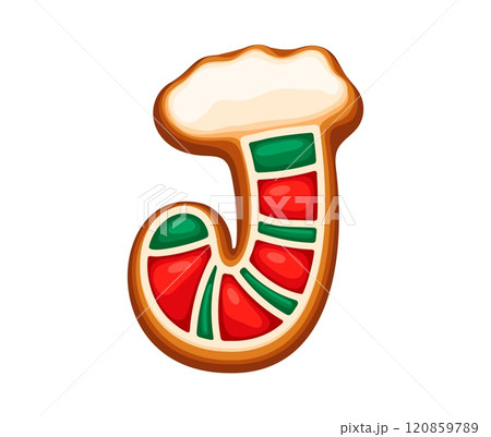 Gingerbread cookie in shape of letter J adorned with red and green icing. Cartoon vector Christmas cookie font, xmas typeface, new year type, english pastry alphabet for festive or holiday celebration 120859789