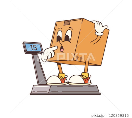 Groovy delivery cardboard box cartoon character weighing. Isolated vector funny parcel retro personage standing on scales with confused face. Funny cargo pack ready for mail or post shipping service Groovy delivery cardboard box cartoon character weighing. Isolated vector funny parcel retro personage standing on scales with confused face. Funny cargo pack ready for mail or post shipping service 120859816