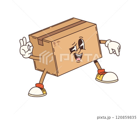 Cartoon groovy delivery cardboard box character with expressive eyes, wearing sneakers, and striking confident pose. Vector parcel retro personage smiling and making an ok gesture conveys a funky vibe Cartoon groovy delivery cardboard box character with expressive eyes, wearing sneakers, and striking confident pose. Vector parcel retro personage smiling and making an ok gesture conveys a funky vibe 120859835