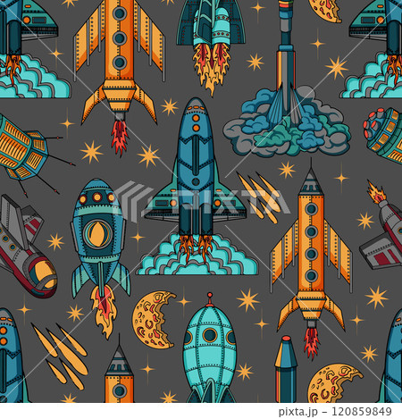 Seamless pattern with hand drawn colorful illustrations of retro future space planets and ships, rockets and objects, science fiction and UFO concept 120859849