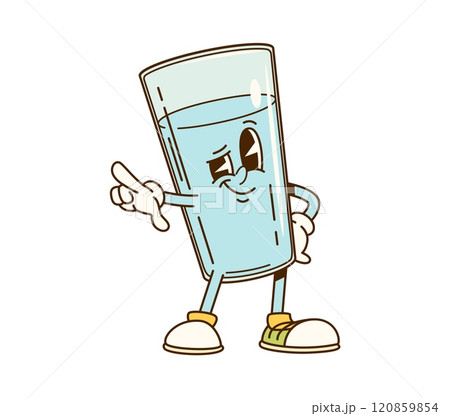 Cartoon groovy glass of water character with expressive eyes, wearing sneakers, and pointing with one finger. Isolated vector drink personage with confident and friendly expression, conveying fun 120859854