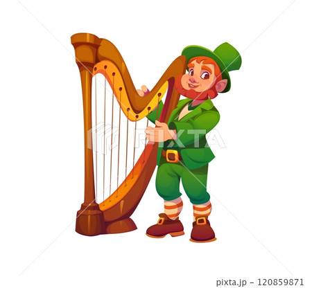 Cartoon Irish leprechaun man character playing harp for St Patrick day holiday, vector personage. Saint Patrick Day or Ireland holiday funny cartoon leprechaun character playing Celtic harp 120859871