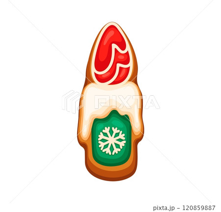 Christmas gingerbread letter I in shape of burning candle, decorated with intricate icing. Cartoon vector abc character in shape of festive biscuit cookie or seasonal pastry for New Year celebrations 120859887